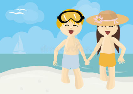 在夏日沙滩上奔跑的男孩和女孩图片