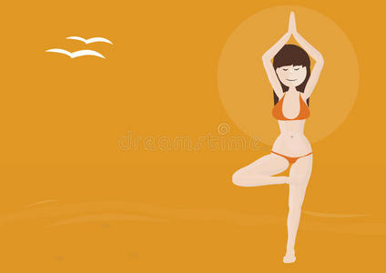 美丽的女人在海滩上练习瑜伽