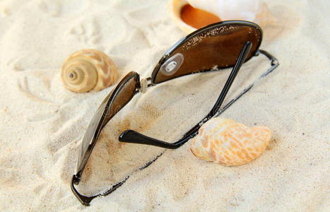 太阳镜，白色沙滩上的贝壳