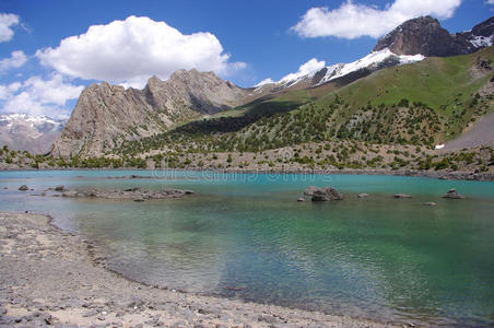 高山背景中的山湖