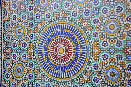 摩洛哥瓷砖图案华丽的无缝拼凑图案,从深蓝色和白色摩洛哥瓷砖,装饰品