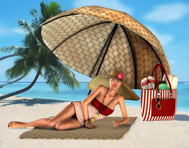 伞下热带海滩上的女人