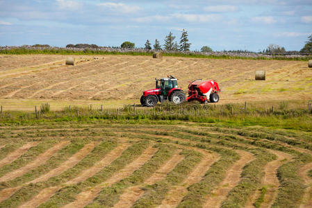 拖拉机在田里收集干草堆