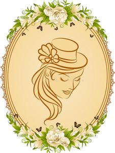 戴着帽子和花的女孩的剪影。