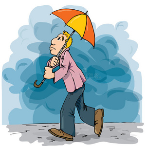 一个男人在雨中行走的漫画照片