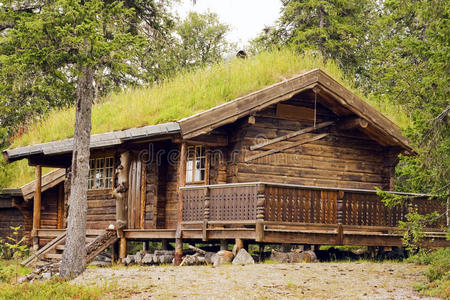 挪威山森林上的小房子。