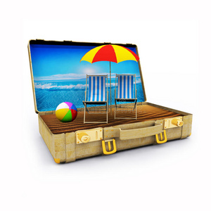 带沙滩椅和伞的旅行箱