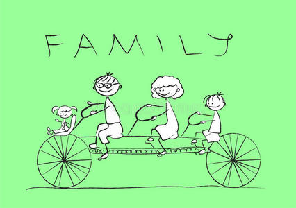 孩子在自行车上画家庭，矢量