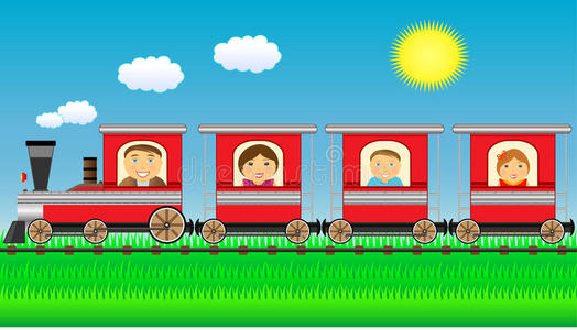 幸福的一家人带着草在火车上搬家搬家公司卡通房子无缝人运动图推土机