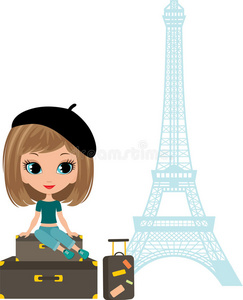欧洲 城市 金属 女孩 小孩 行李 卡通 美丽的 法国 微笑