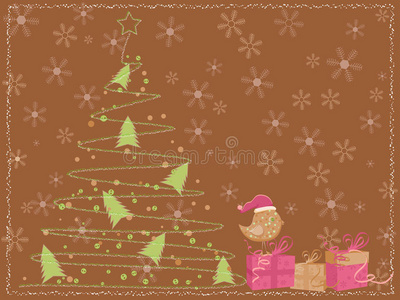带圣诞树鸟和礼物的棕色卡片