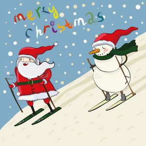 卡通圣诞老人和雪人滑雪