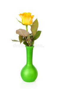 一朵黄玫瑰插在绿花瓶里图片