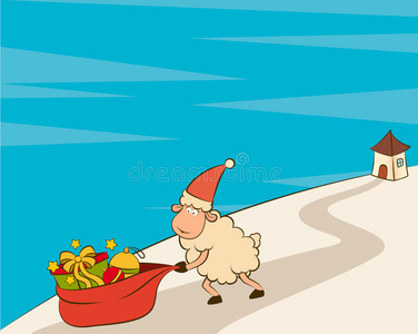 圣诞老人带礼物的绵羊和袋子