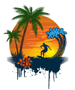 热带日落下的棕榈和冲浪者剪影