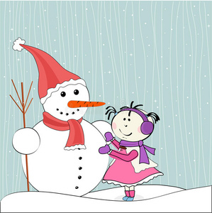 圣诞节冬天雪人和小女孩