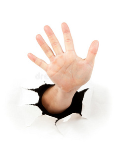 手从纸上的洞里伸出来照片