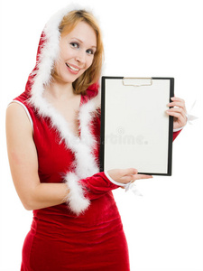 圣诞快乐女人拿着白色的广告牌图片
