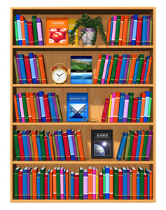 有很多彩色书籍的木制书架
