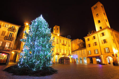 中央广场的圣诞树。阿尔巴，意大利。