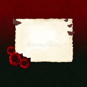 带红玫瑰和蝴蝶的空白纸