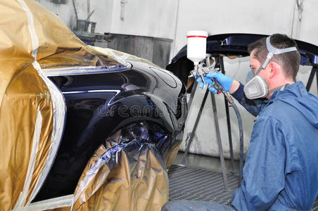 给汽车喷漆的工人.照片