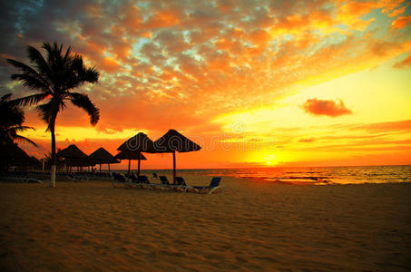 热带海滩度假村的日落景色
