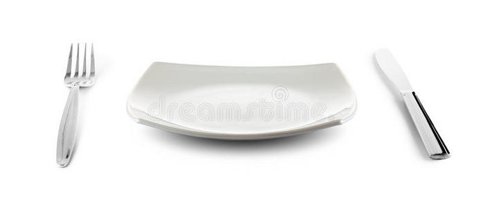 带裁剪路径的白色方形盘子和餐具