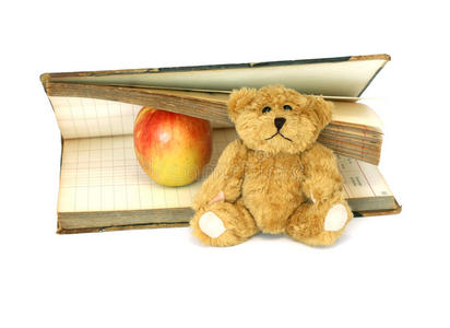 书，小熊和苹果被隔离在白色