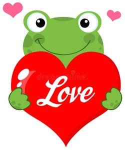 可爱的青蛙抱着一颗有文字的心