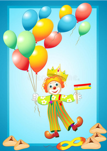 滑稽小丑，带气球，面具，噪音发生器和p