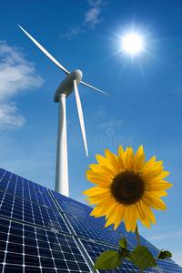 太阳能电池板风力涡轮机和向日葵