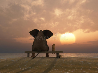 大象和狗坐在海滩上