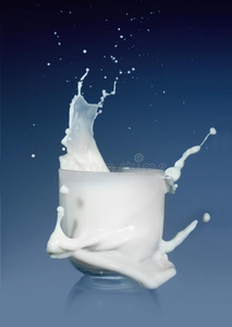 牛奶杯溅在蓝色背景上