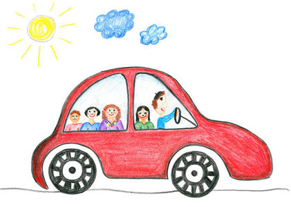 孩子们在汽车旅行中画幸福的家庭