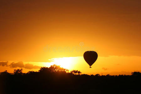 日出时在马赛马拉上空飞行的热气球