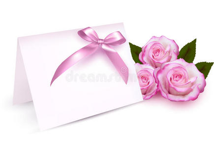 带有美丽玫瑰和粉色蝴蝶结的贺卡。