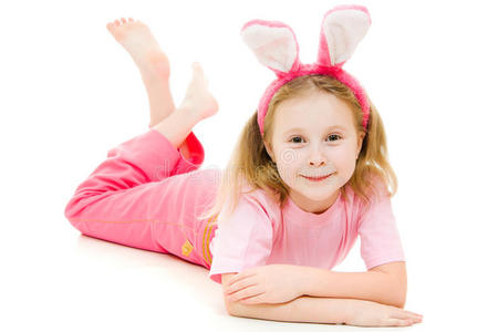 粉红耳朵的小女孩小兔子图片