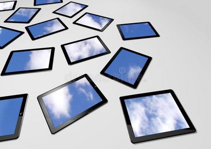 三维平板电脑，屏幕上的天空背景