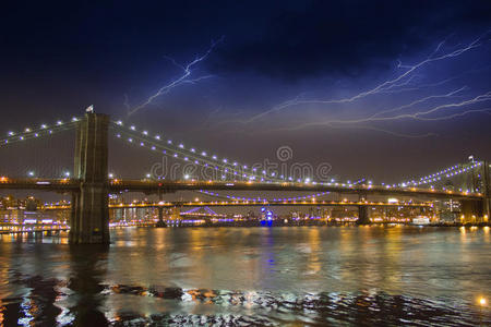 纽约布鲁克林大桥上的夜雨