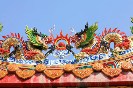 中国寺庙屋顶上的双龙像