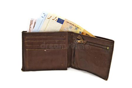 旧的棕色钱包和欧元