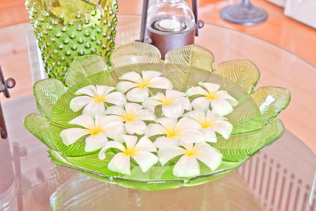 绿叶碗水里的弗朗西帕尼花照片