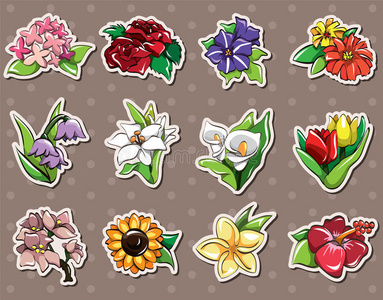 卡通花贴纸秋天的贴纸一套美丽的秋天的树叶的集合.