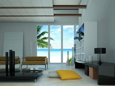 现代化的客厅，可以看到海滩。