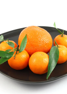 特写镜头 水果 普通话 橘子 健康 柑橘 盘子 陶器 树叶