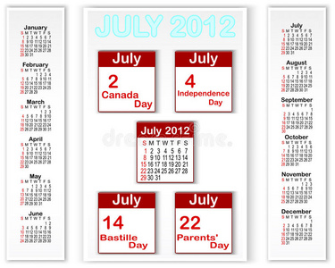 2012年7月的假日图标日历。