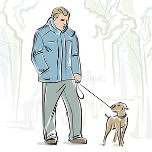 一个人和一条狗的插图。