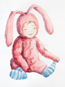 粉红色的兔子不穿蓝色的袜子。