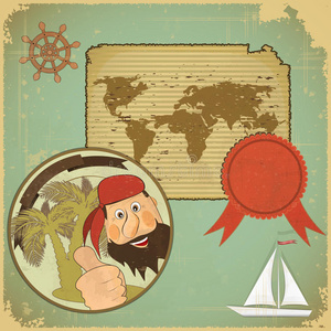复古卡海盗和世界地图